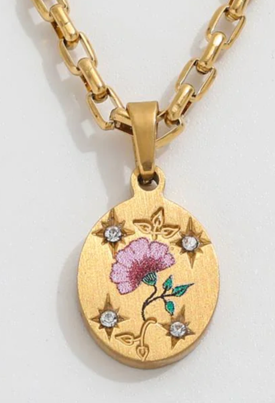 Poppy Painted Enamel Talisman Necklace - Engraved - Steel 14K
