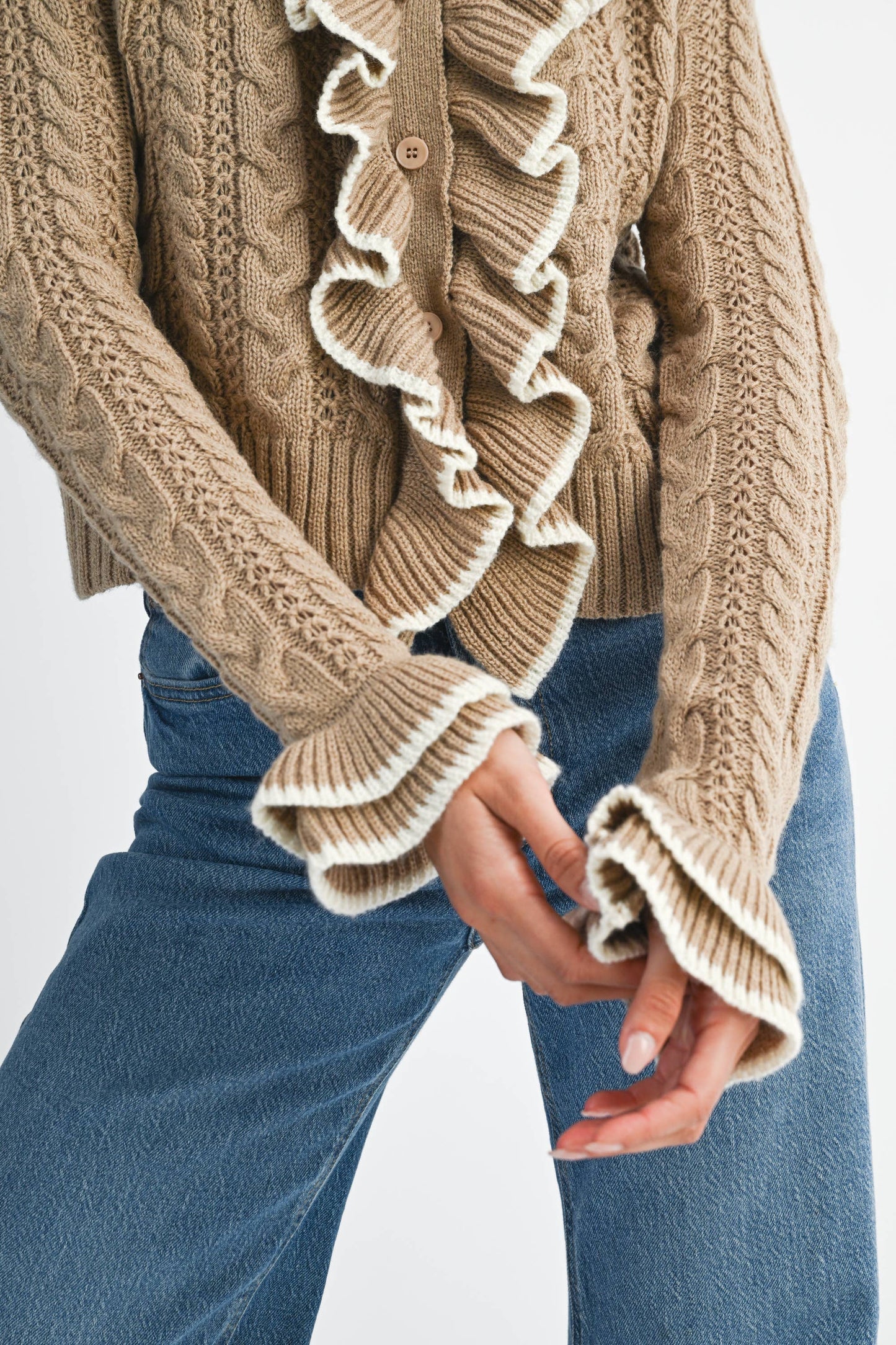 Cool Blue Ruffled Cable Knit Cardigan