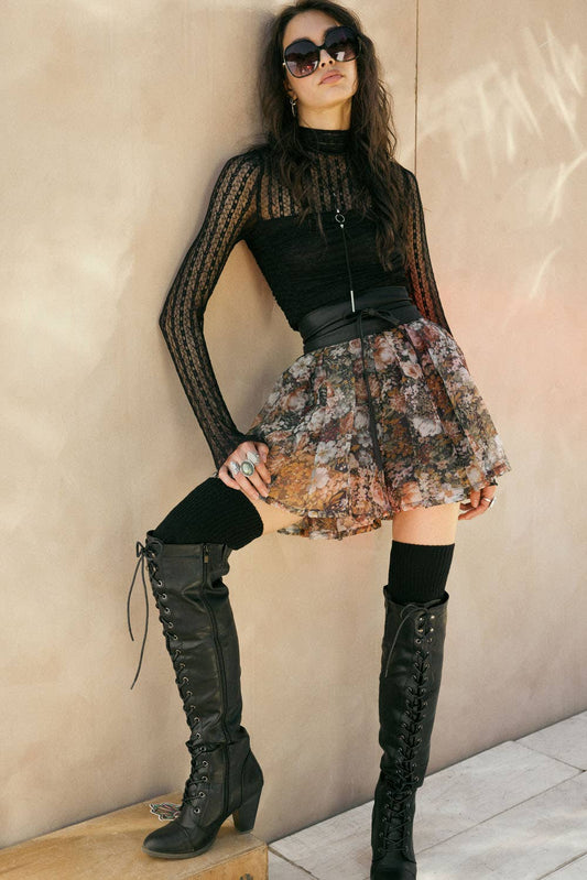 Floral Organza Pleated Mini Skort
