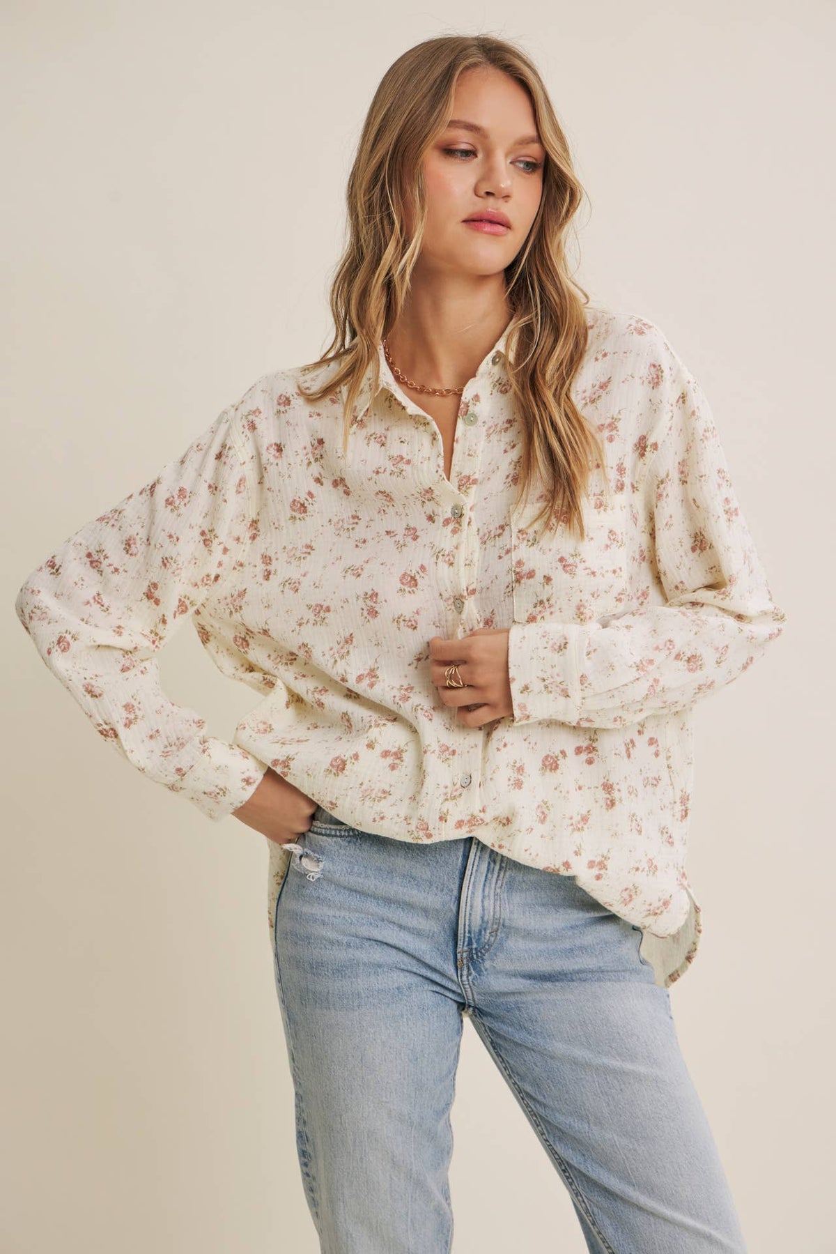 Soft Floral Cotton Relaxed Fit Button Down Shirt