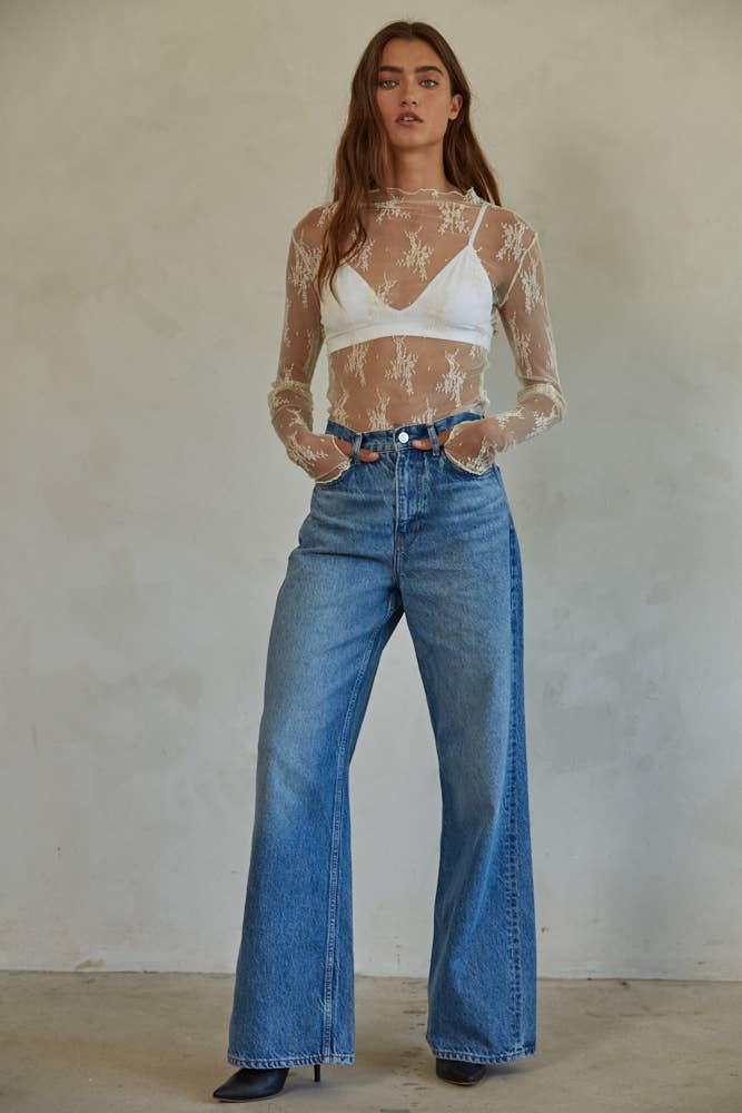 Sheer Knit Jacquard Lace Long Sleeve Mock Neck Top