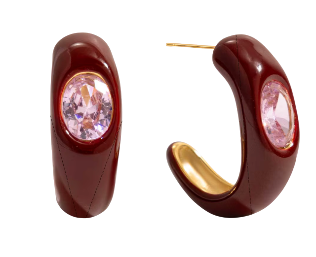 Oxblood Enamel Statement Earrings with Pink Faucet Cut Stone - 14K Gold PVD & Waterproof