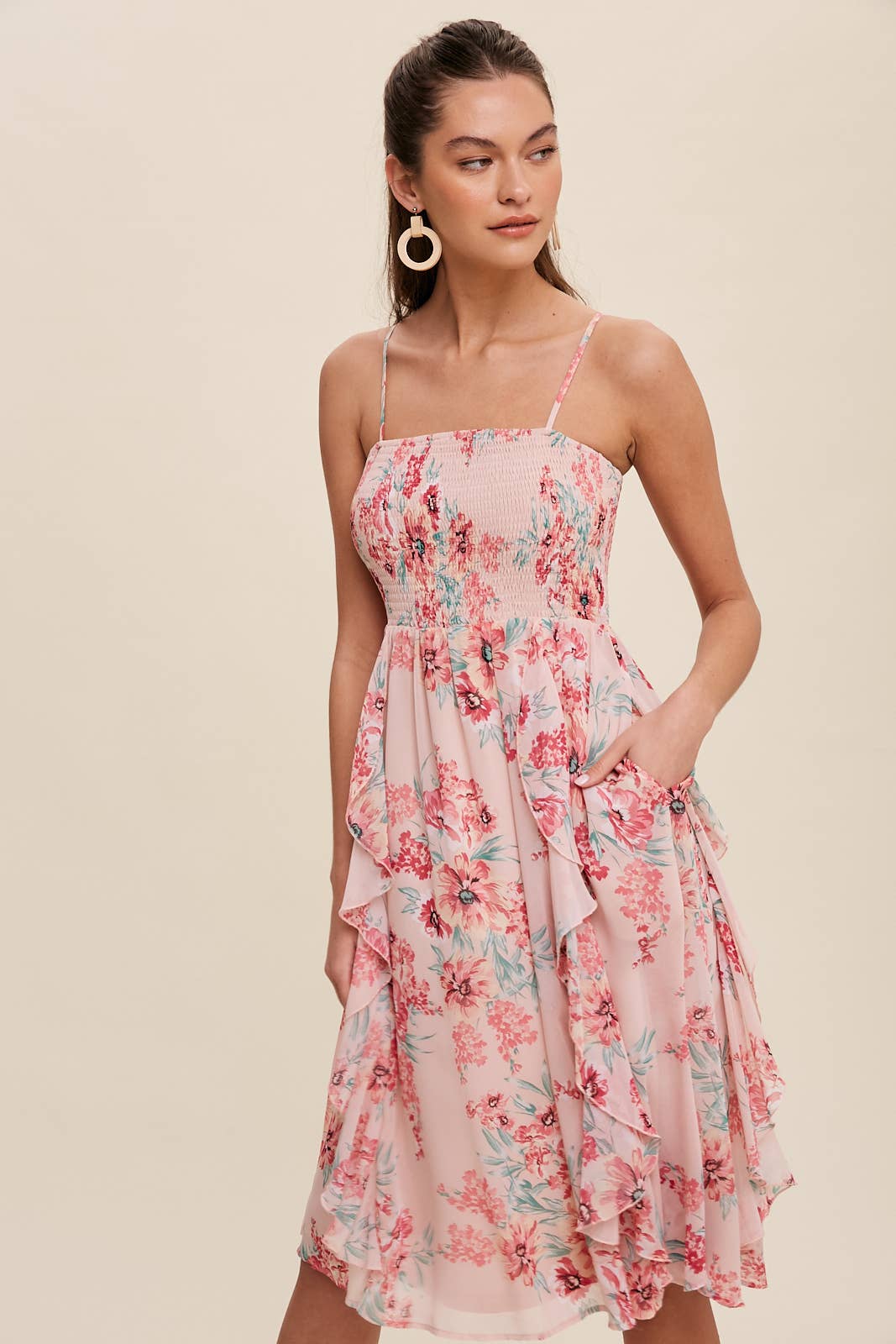 Pretty Pink Floral Chiffon Midi Dress