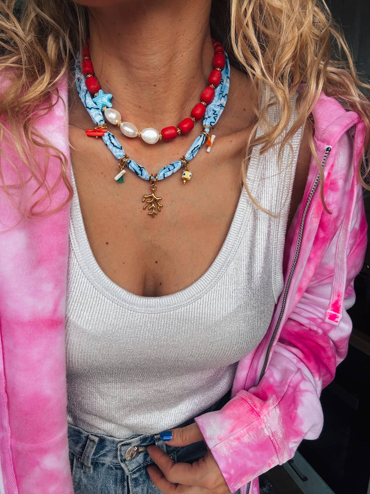 Bohemian Blue Bandana Charm Necklace with layered with a Colorful Beaded Necklace