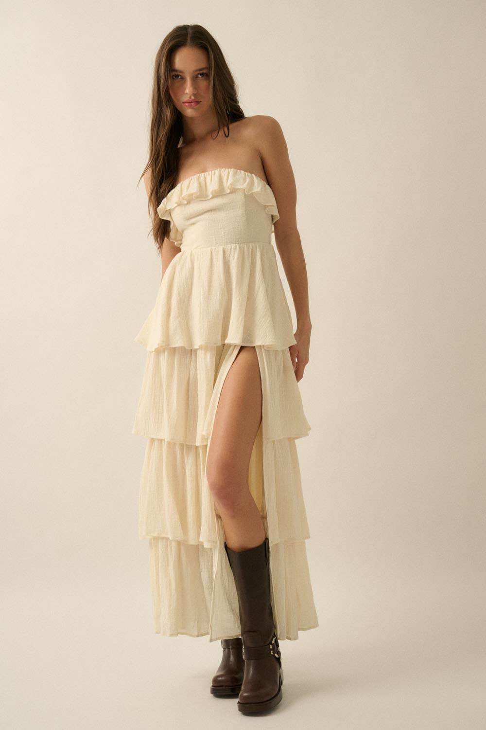 Textured Cotton Strapless Tiered Ruffle Maxi Dress - SAUVAGE ZSA™