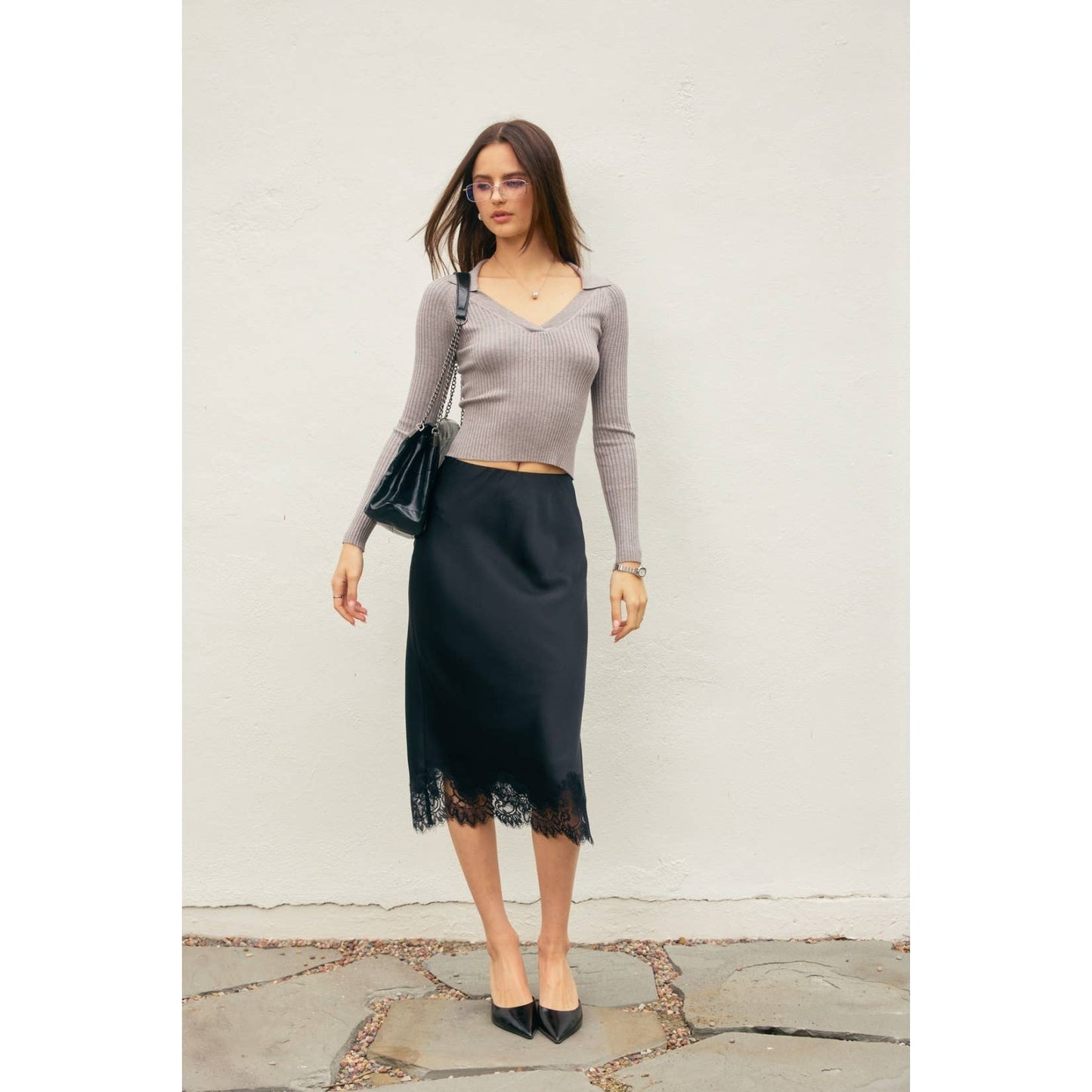 Powder Blue Lined Satin Pencil Skirt with Lace Hem