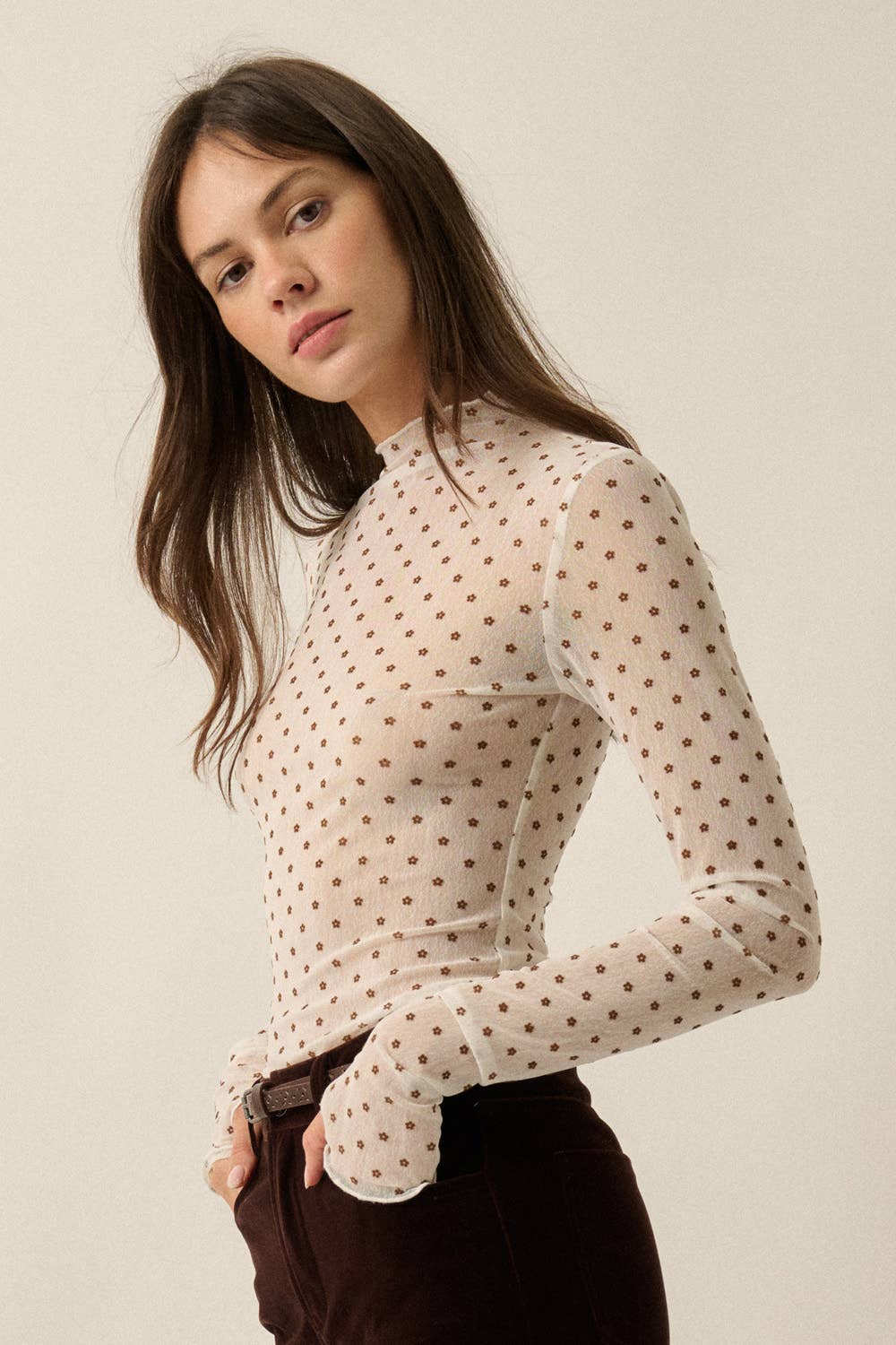 Sheer Mesh Top with Floral Polkadots, Mock-Neck, & Long-Sleeve Thumbhole Top