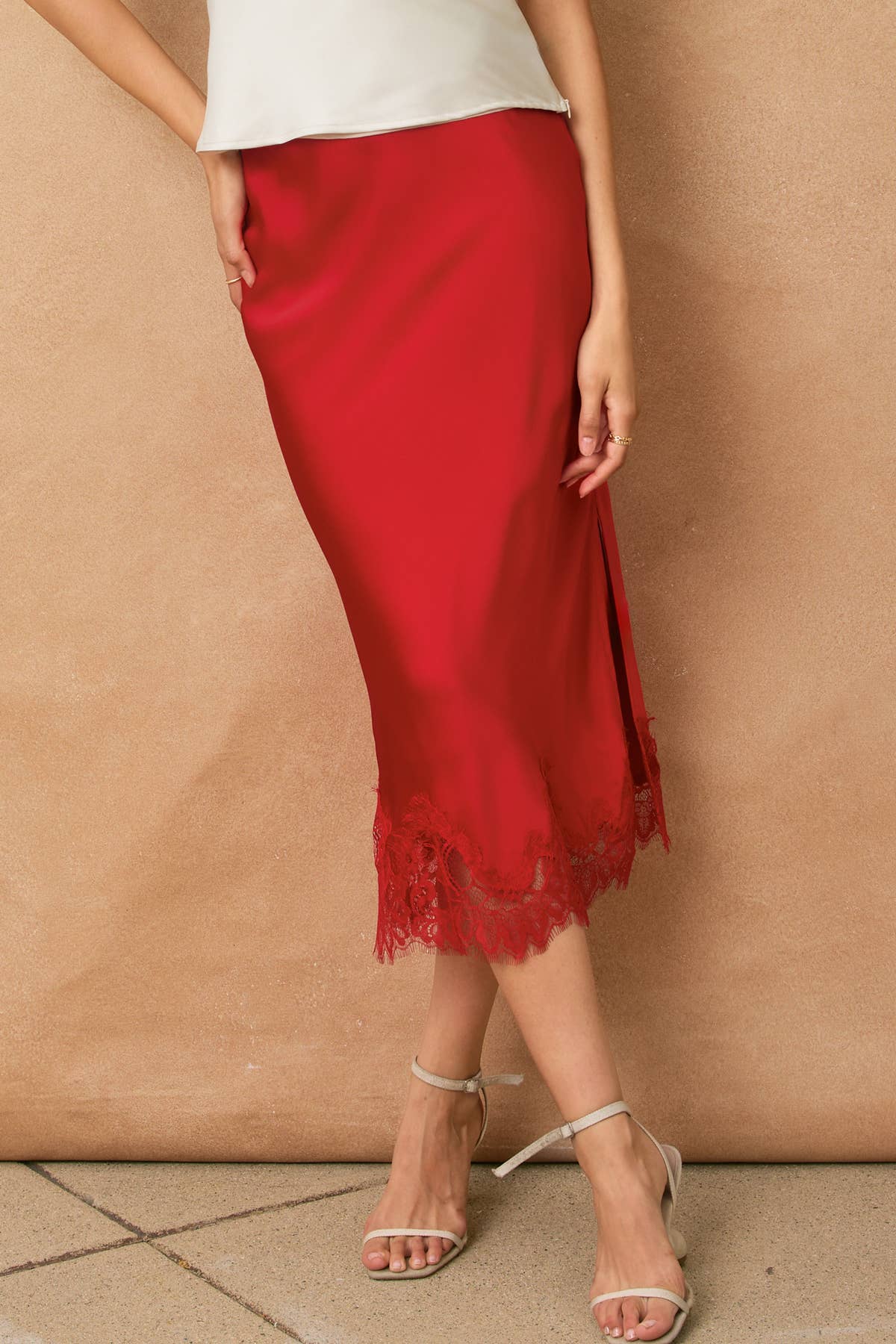 Powder Blue Lined Satin Pencil Skirt with Lace Hem