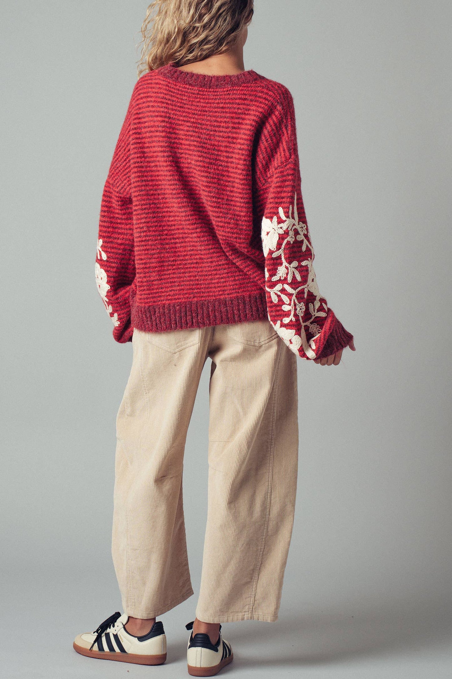 Floral Embroidered Striped Knit Sweater