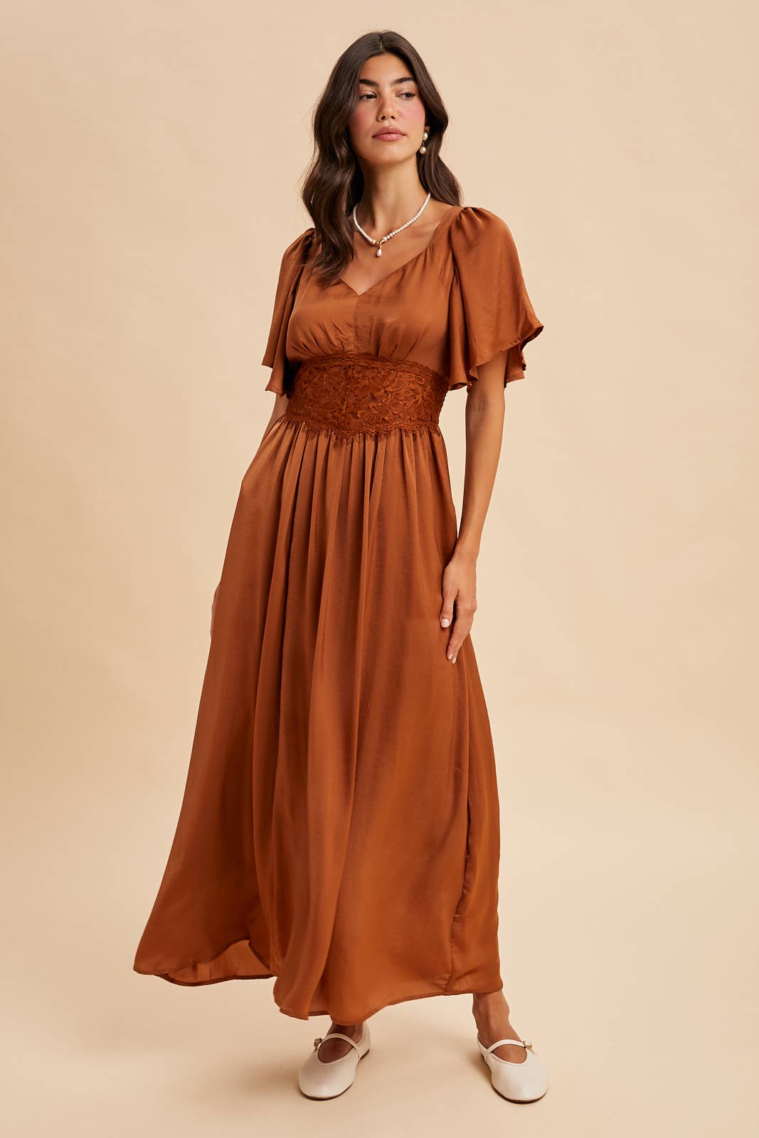 Washed Red Satin Lace Maxi Dress
