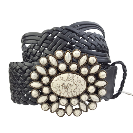 High Waist Belt with Hand Braided Leather and White ‘Bone Stone’ Style Brass Buckle