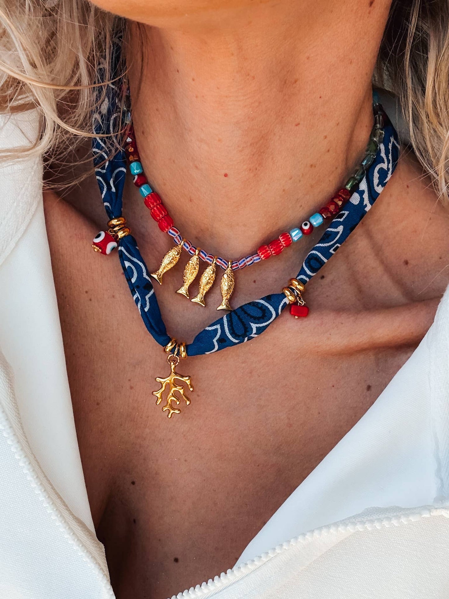 Bohemian Blue Bandana Charm Necklace with & Colorful Beaded Fish