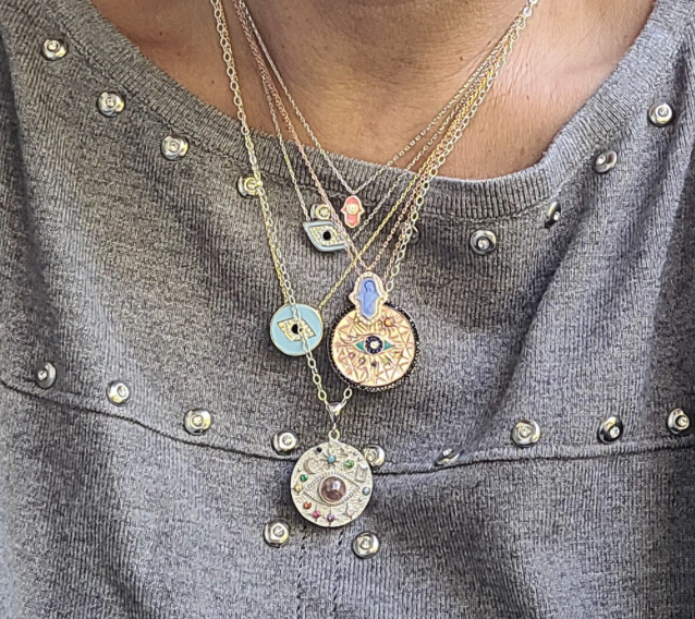 Celestial Gypsy Coin Necklace with Third Eye Amulet Charm and Stones - Stacking hypoallergenic steel necklace