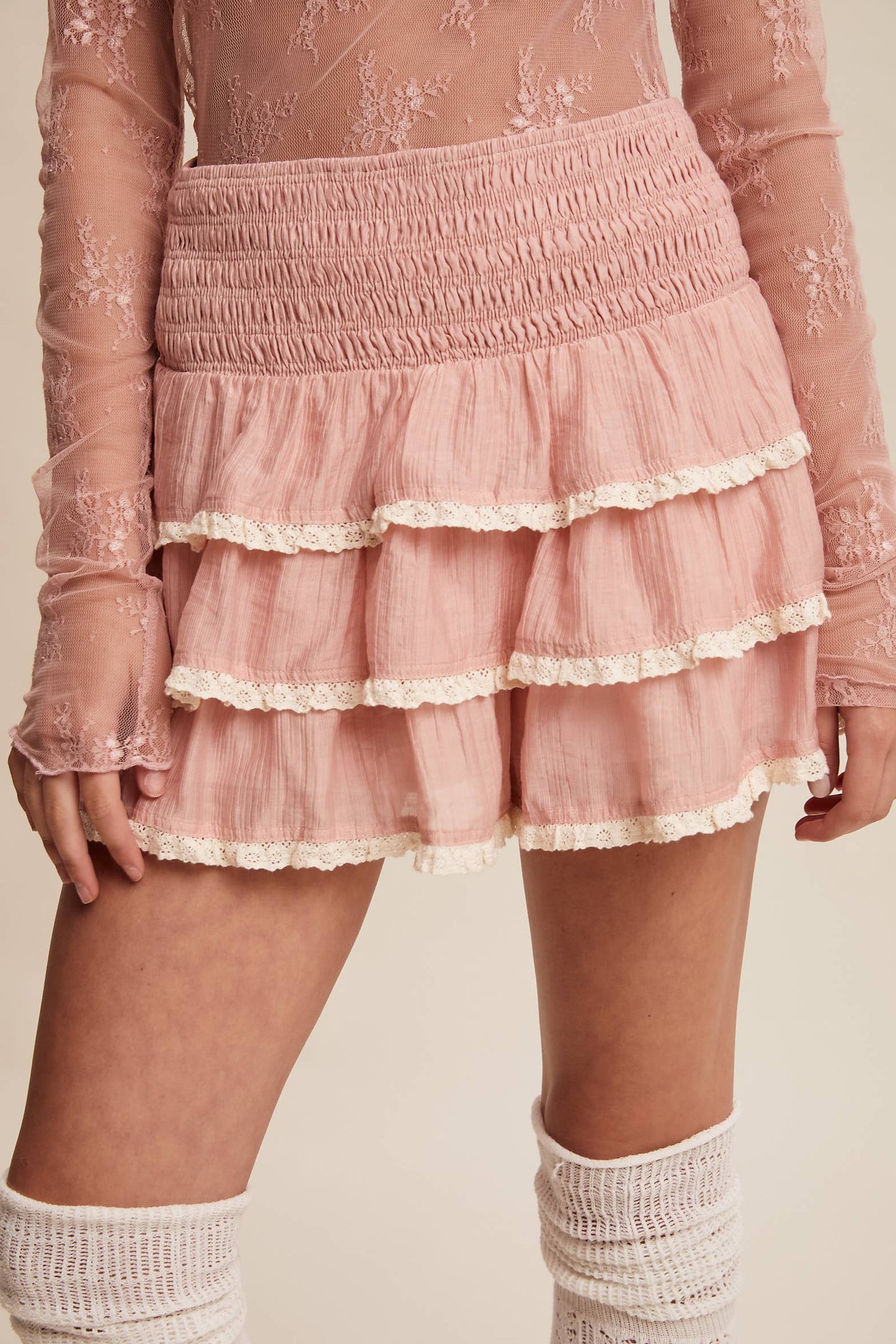 Boho Tiered Ruffle Lace Trim Skort
