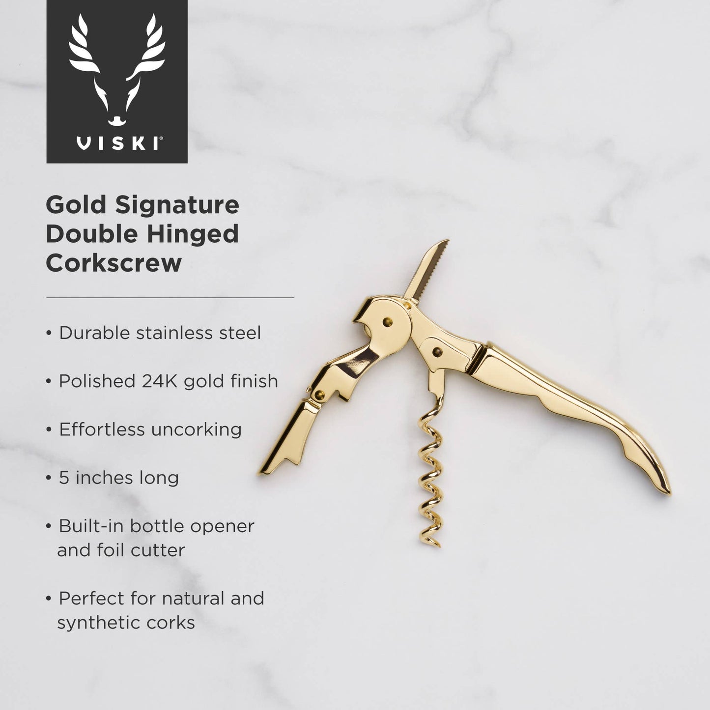 Viski Belmont™ Gold Plated Double Hinged Corkscrew