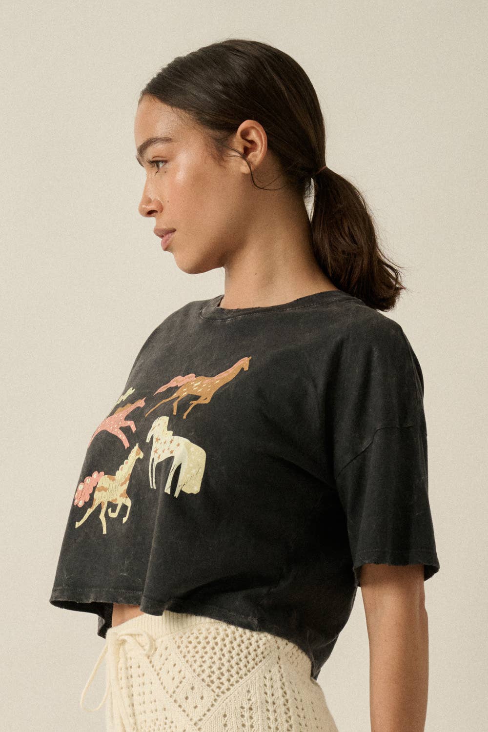 Painted Horses Vintage-Wash Cropped Graphic Tee