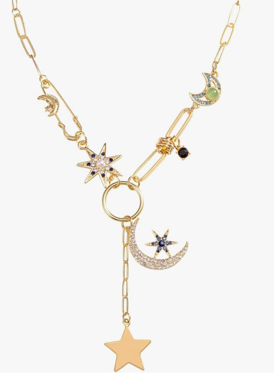 Celestial Coin, Paperclip, and Hamsa Charm Necklace with Lariat Moon and Sapphire Stars