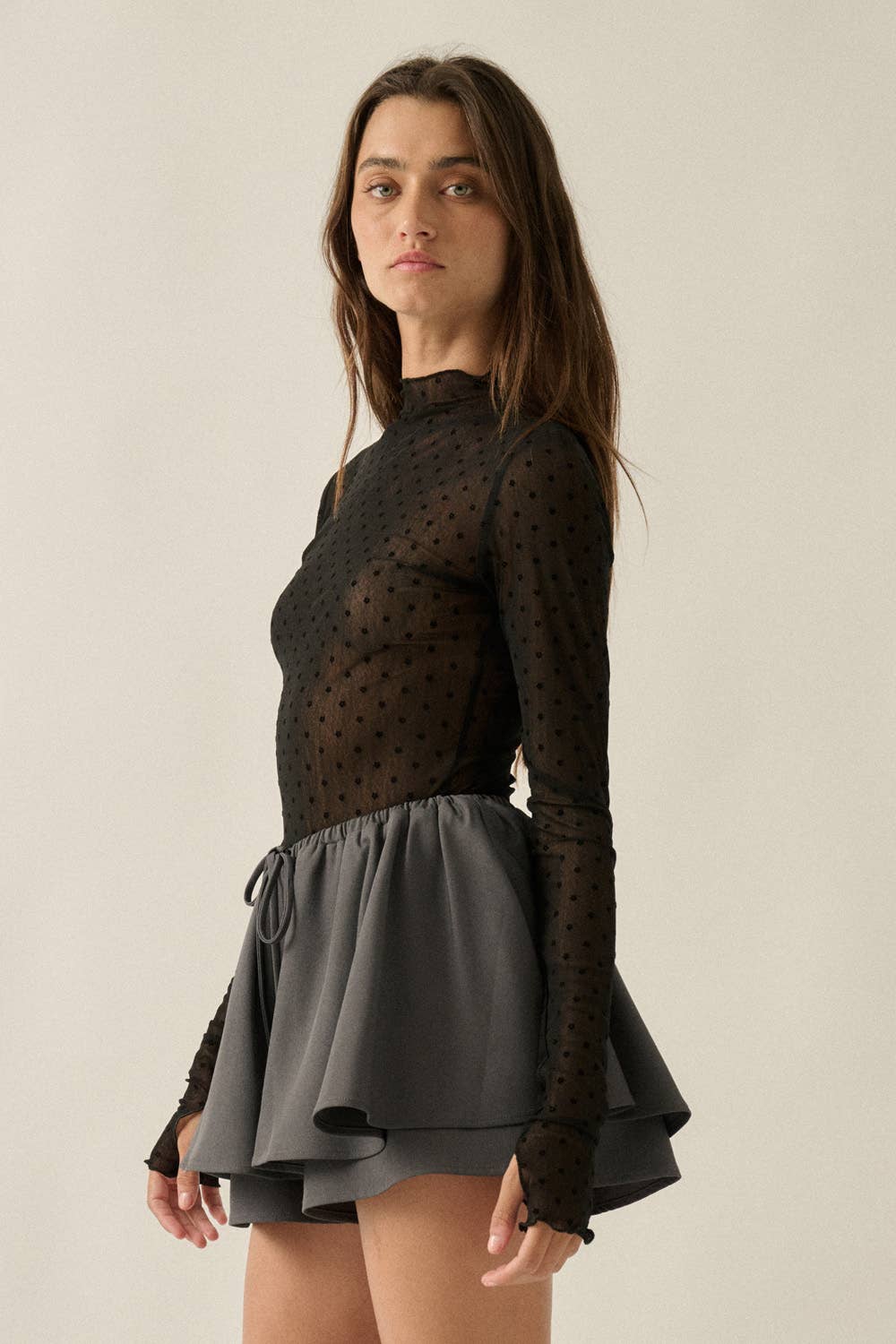 Sheer Mesh Top with Floral Polkadots, Mock-Neck, & Long-Sleeve Thumbhole Top