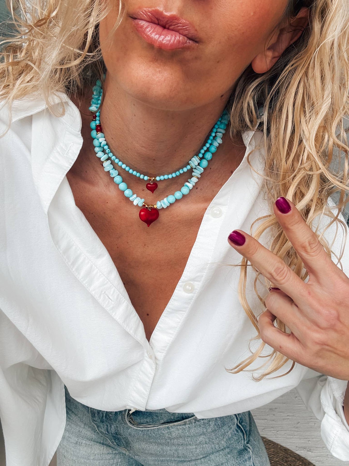 Handmade Semiprecious Howlite & Turquoise Necklace with Red Heart