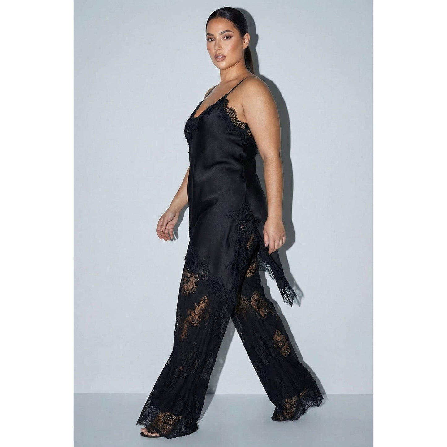 Satin Lace Trim Cami and Pants Set Plus Size