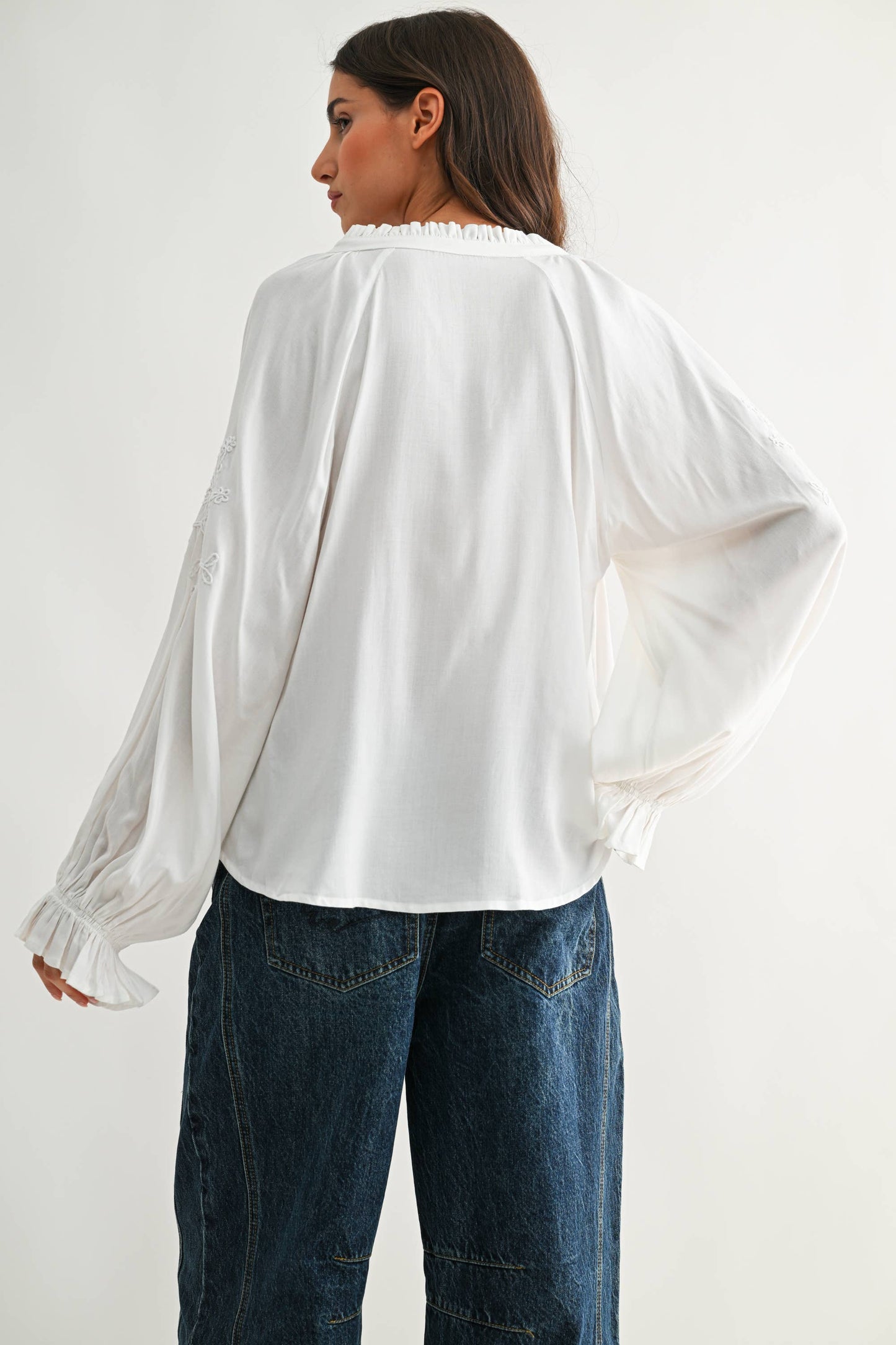 Boho-Chic Embroidered White Long Sleeved Blouse