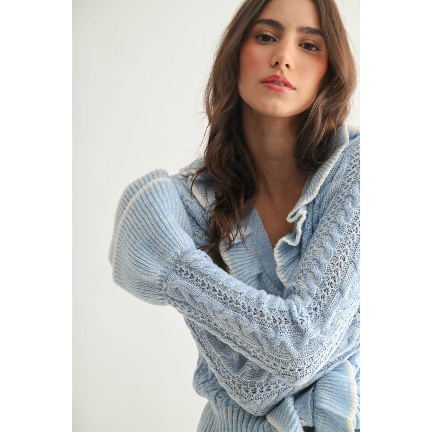 Cool Blue Ruffled Cable Knit Cardigan