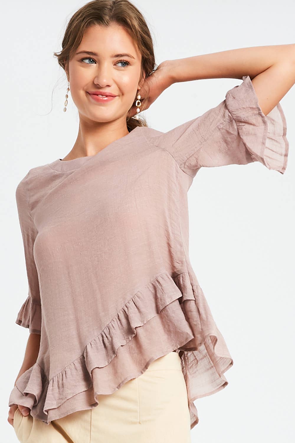 3/4 Sleeve Ruffle Hem Feminine Blouse