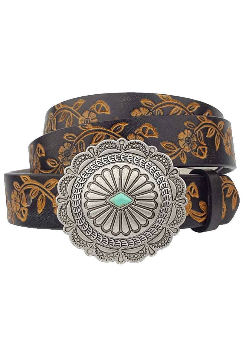 Small Western Buckle With Thin Hand Painted Tooled Belt