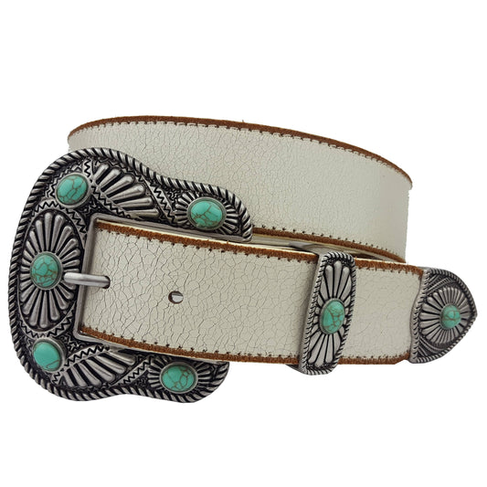 Vintage White Leather Belt with Western Turquoise Buckle Set