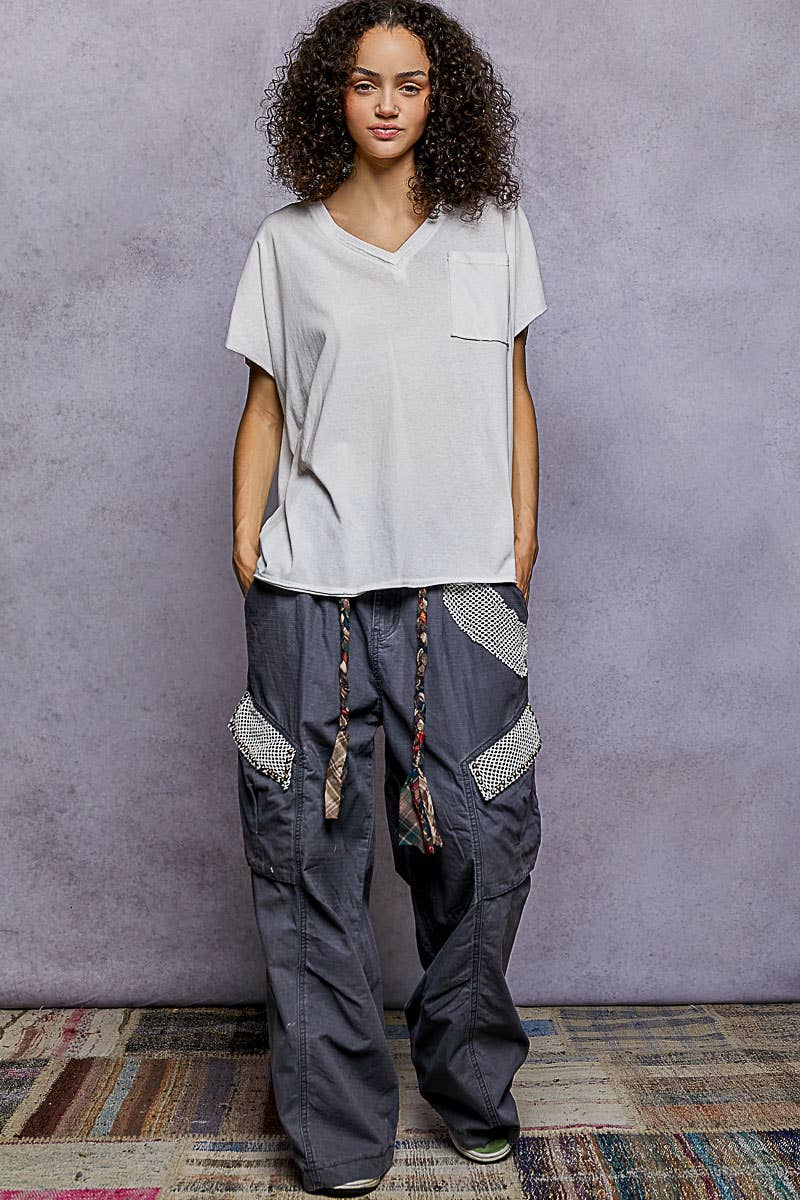 Boho Hand Dip Dye V-Neck T-shirt with Short Sleeves and Front Pocket