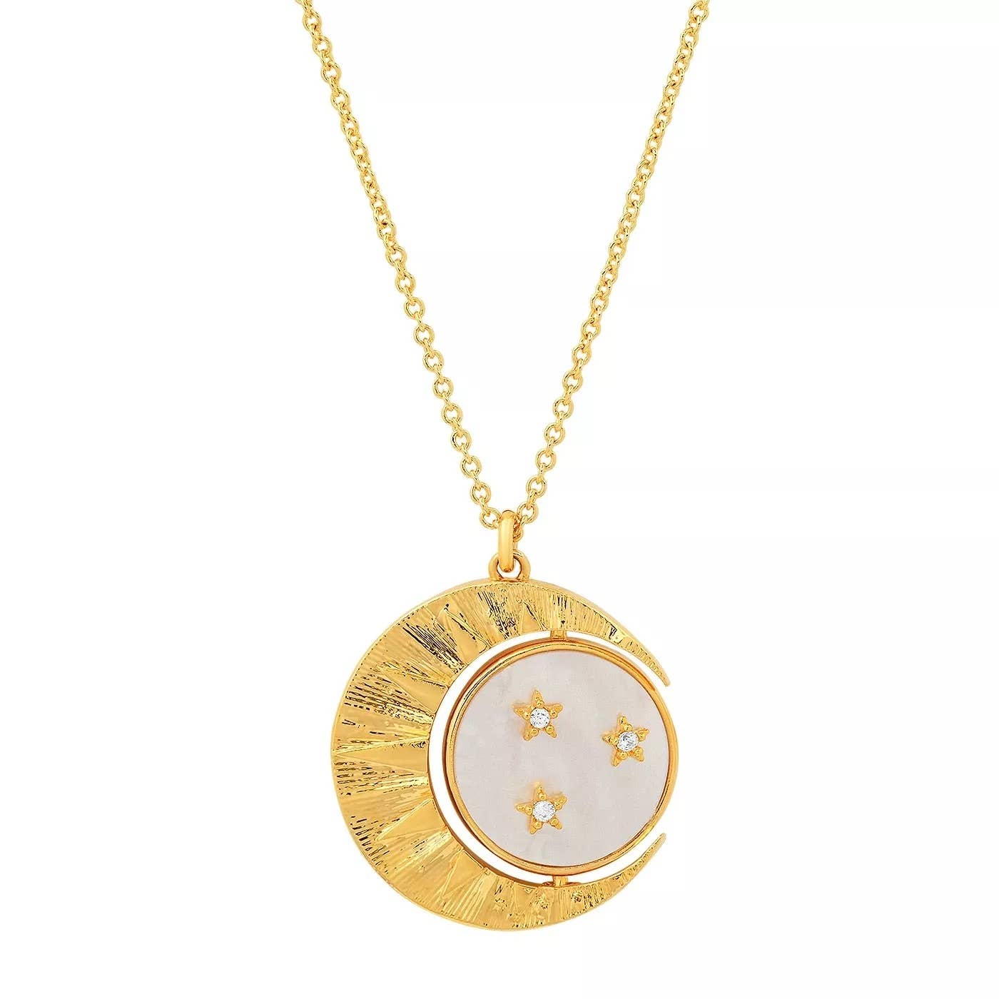 14K Steel and Abalone Shell Medallion Necklace with Moon, Sun, and Stars