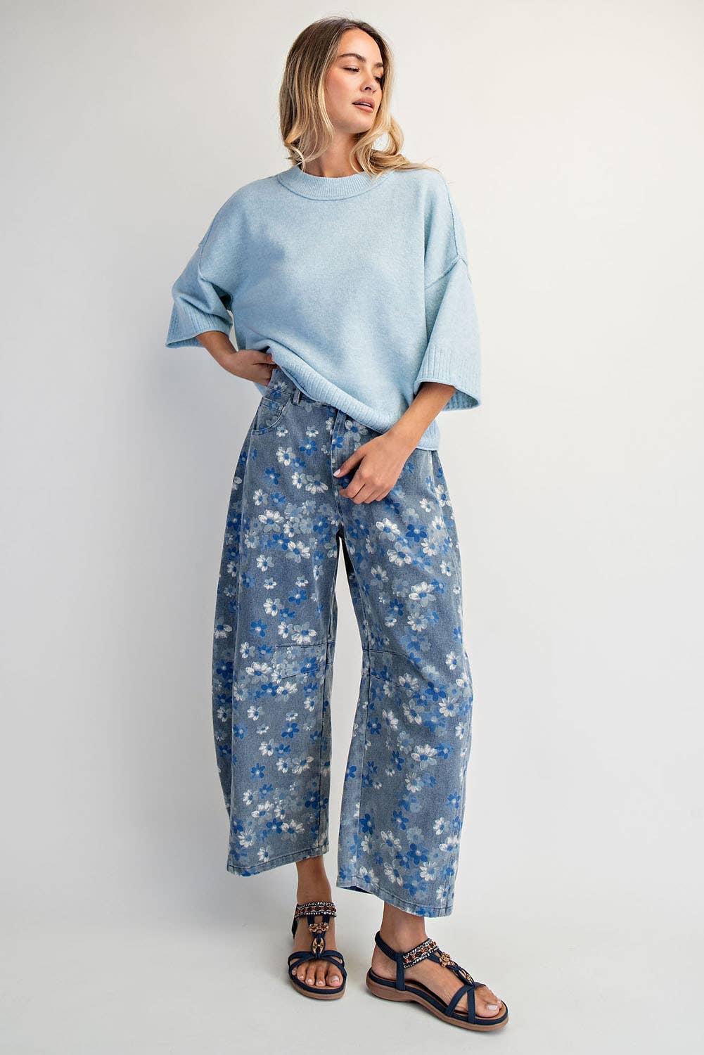 Crew Neck 3/4 Sleeve Chic Sweater in Powder Blue & Banana Pepper