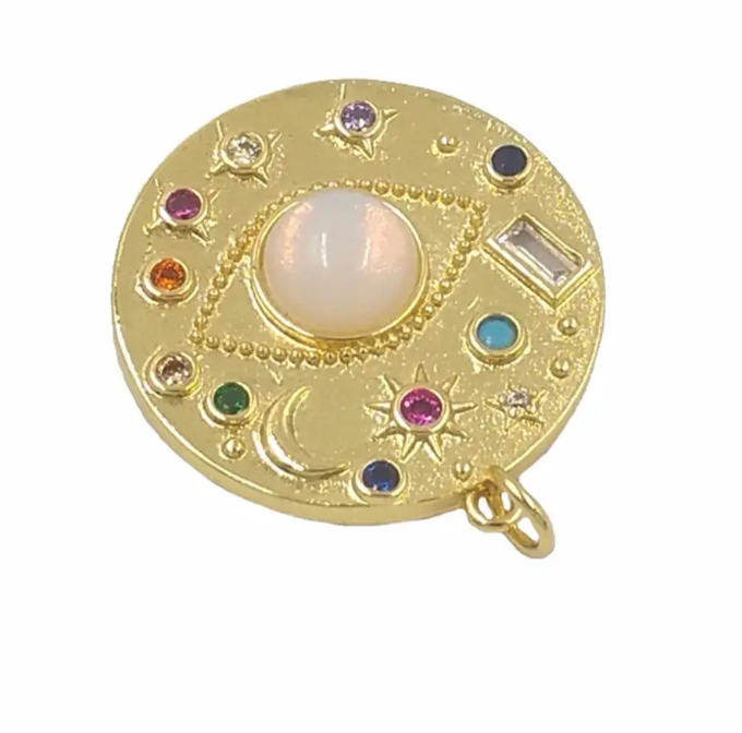 Celestial Gypsy Coin Necklace with Third Eye Amulet Charm and Stones - Stacking hypoallergenic steel necklace