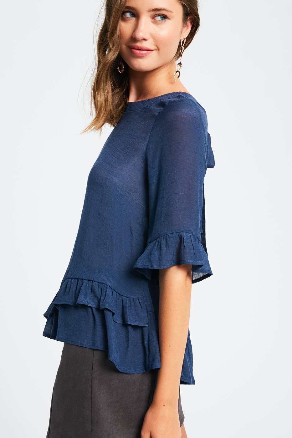 3/4 Sleeve Ruffle Hem Feminine Blouse