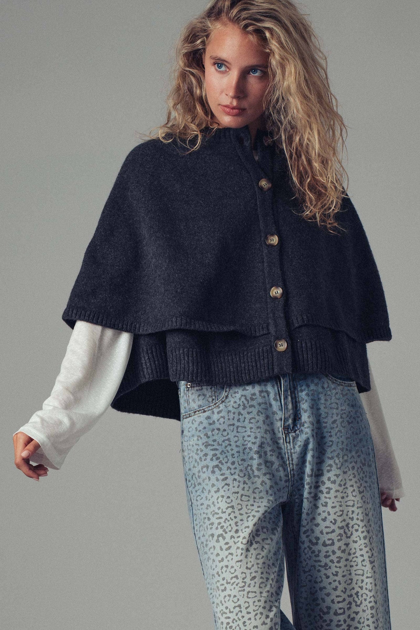Wool Blend Button-Front Sweater Cape