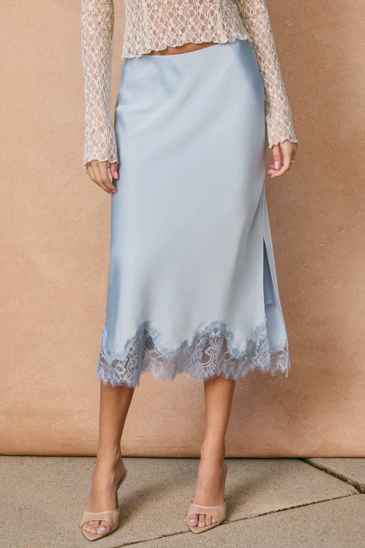 Powder Blue Lined Satin Pencil Skirt with Lace Hem