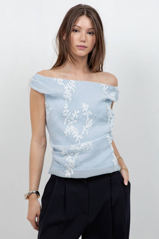 Embroidered Floral Soft Off Shoulder Blouse Powder Blue