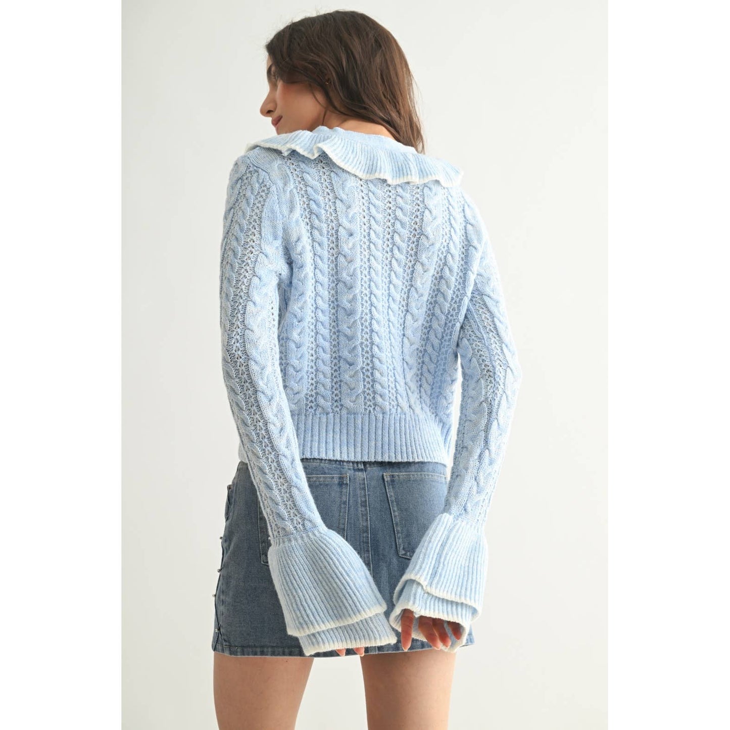 Cool Blue Ruffled Cable Knit Cardigan