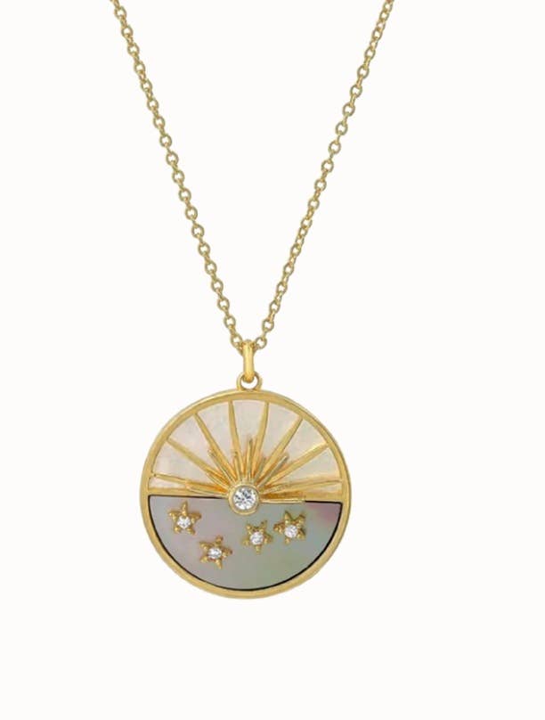 14K Steel and Abalone Shell Medallion Necklace with Moon, Sun, and Stars