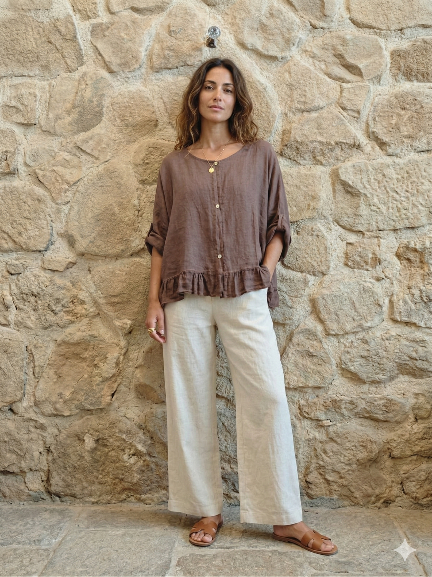 Ruffle 3/4 Sleeve Italian Linen Blouse