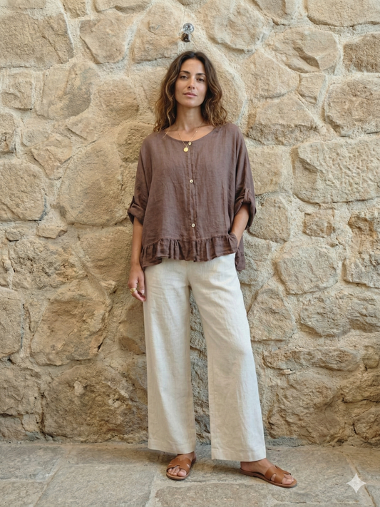 Ruffle 3/4 Sleeve Italian Linen Blouse