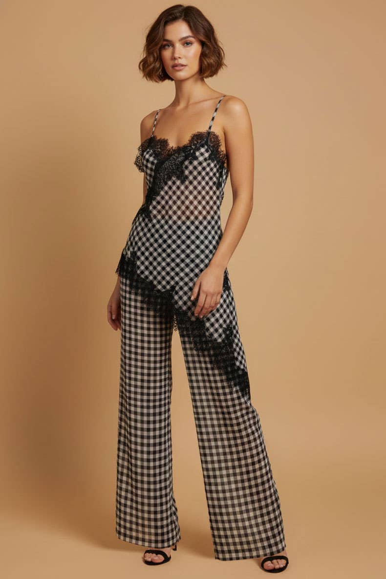 Gingham Lace Trim Cami and Pant Set