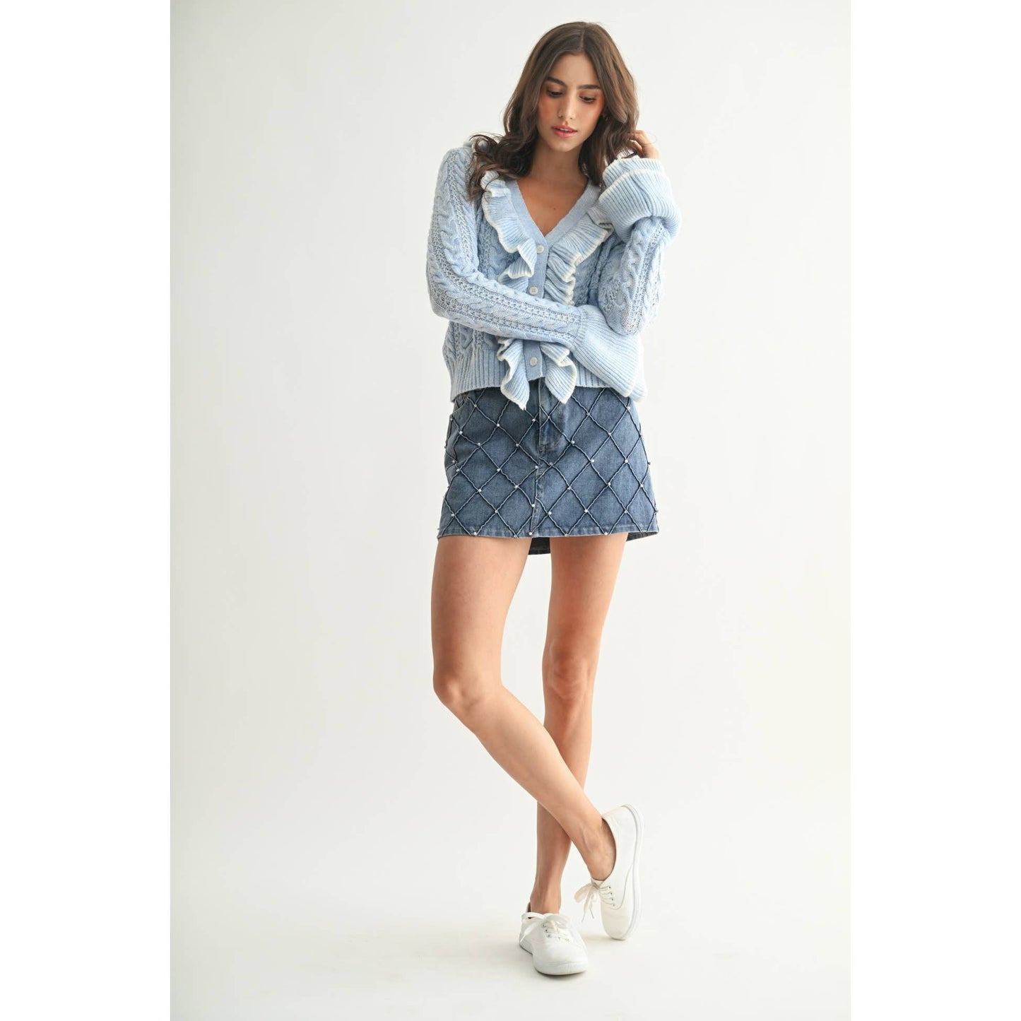 Cool Blue Ruffled Cable Knit Cardigan