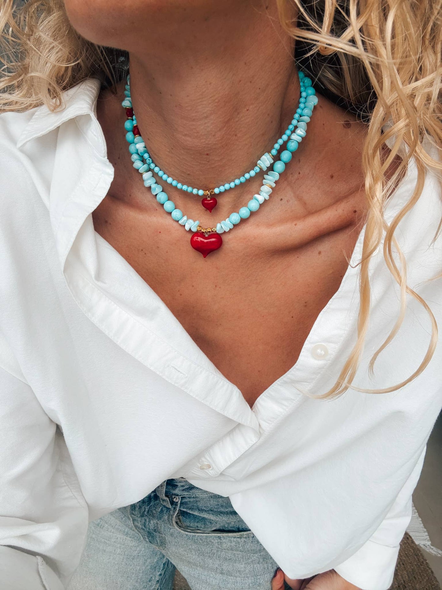 Handmade Semiprecious Howlite & Turquoise Necklace with Red Heart