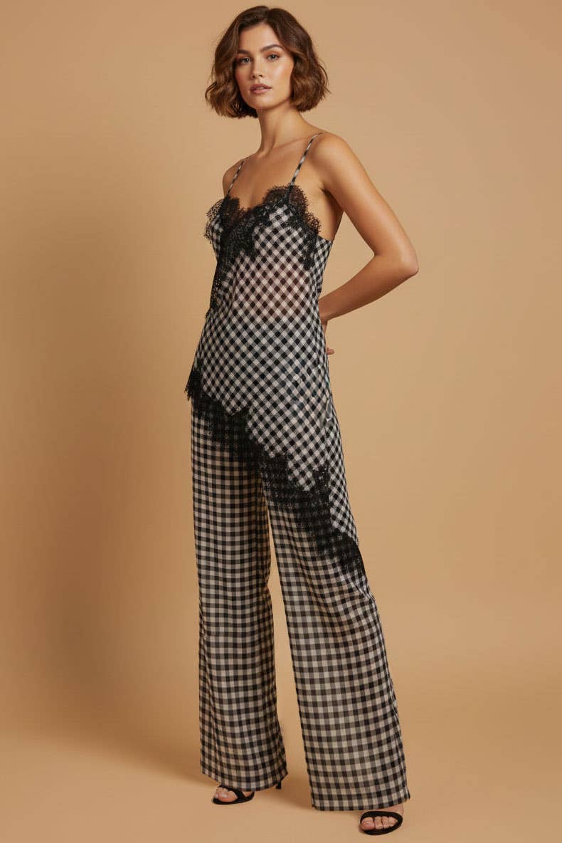 Gingham Lace Trim Cami and Pant Set
