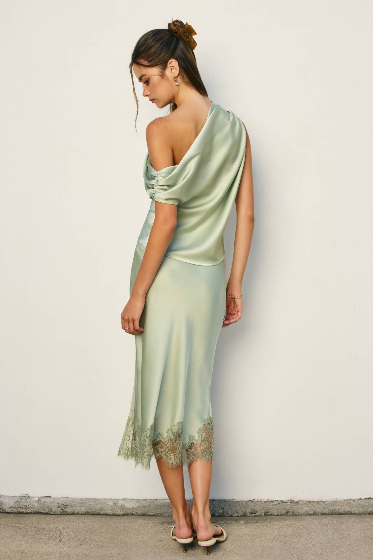 Powder Blue Lined Satin Pencil Skirt with Lace Hem