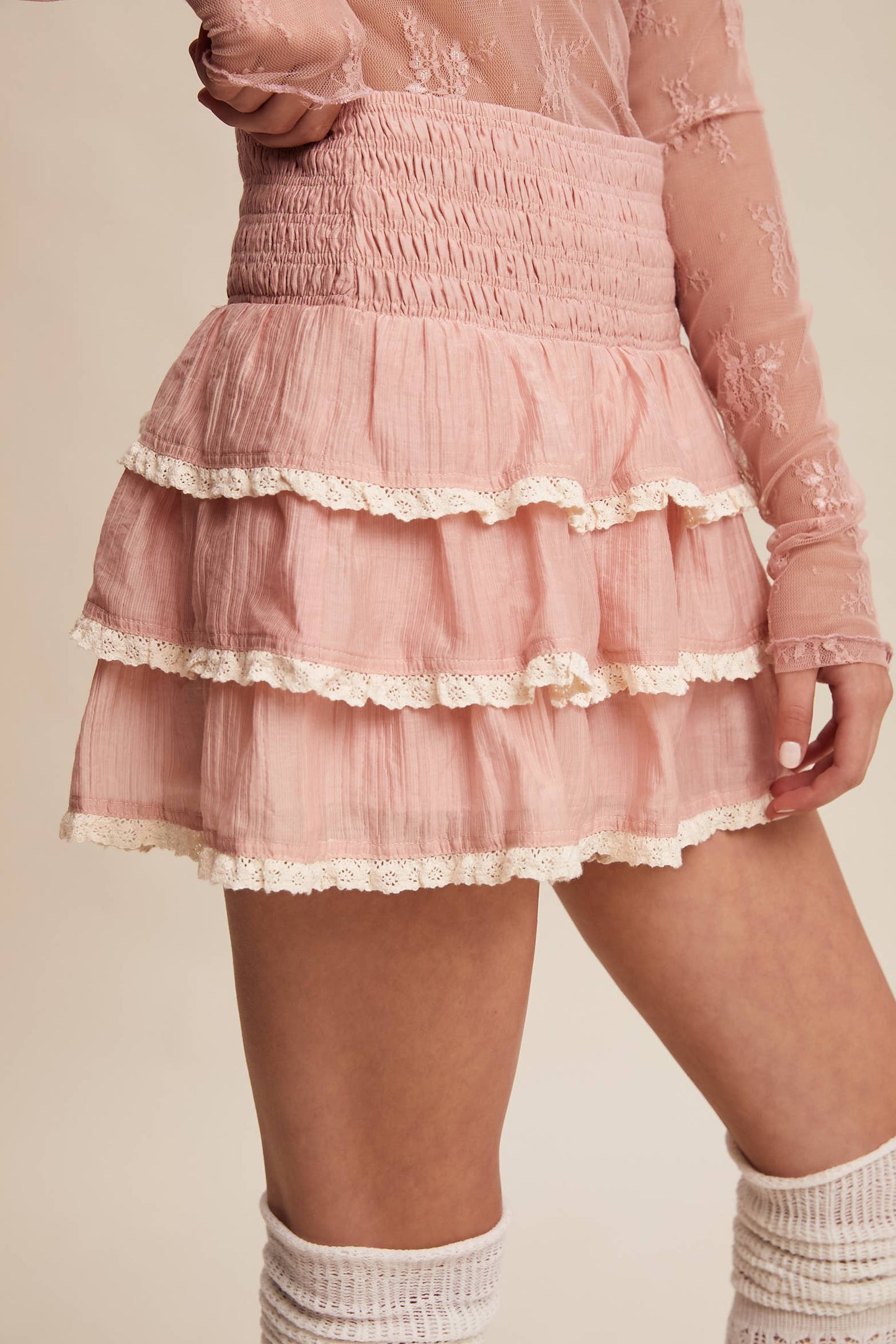 Boho Tiered Ruffle Lace Trim Skort