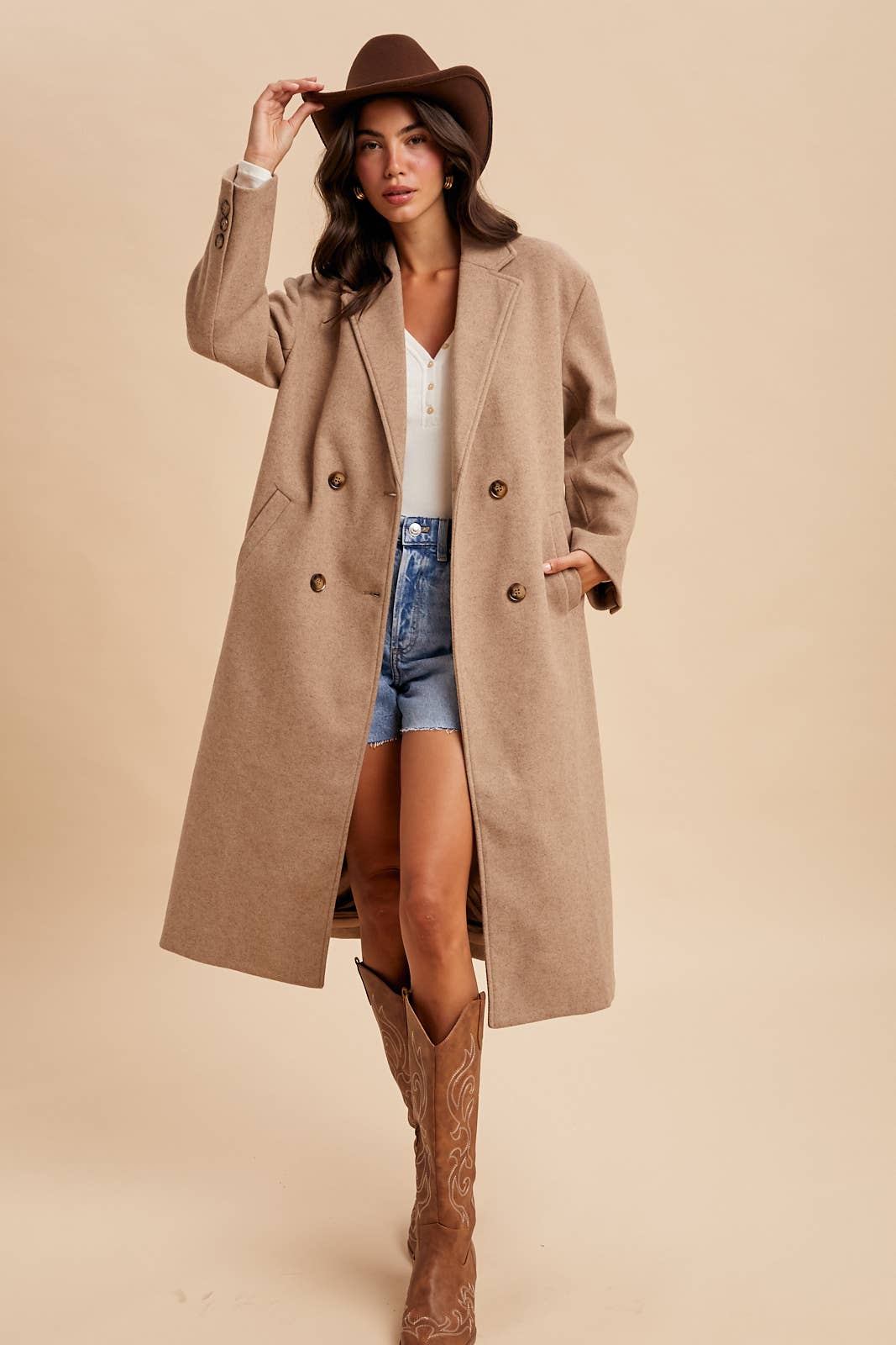 Double Breasted  Lapel Duster Felt Pea Coat