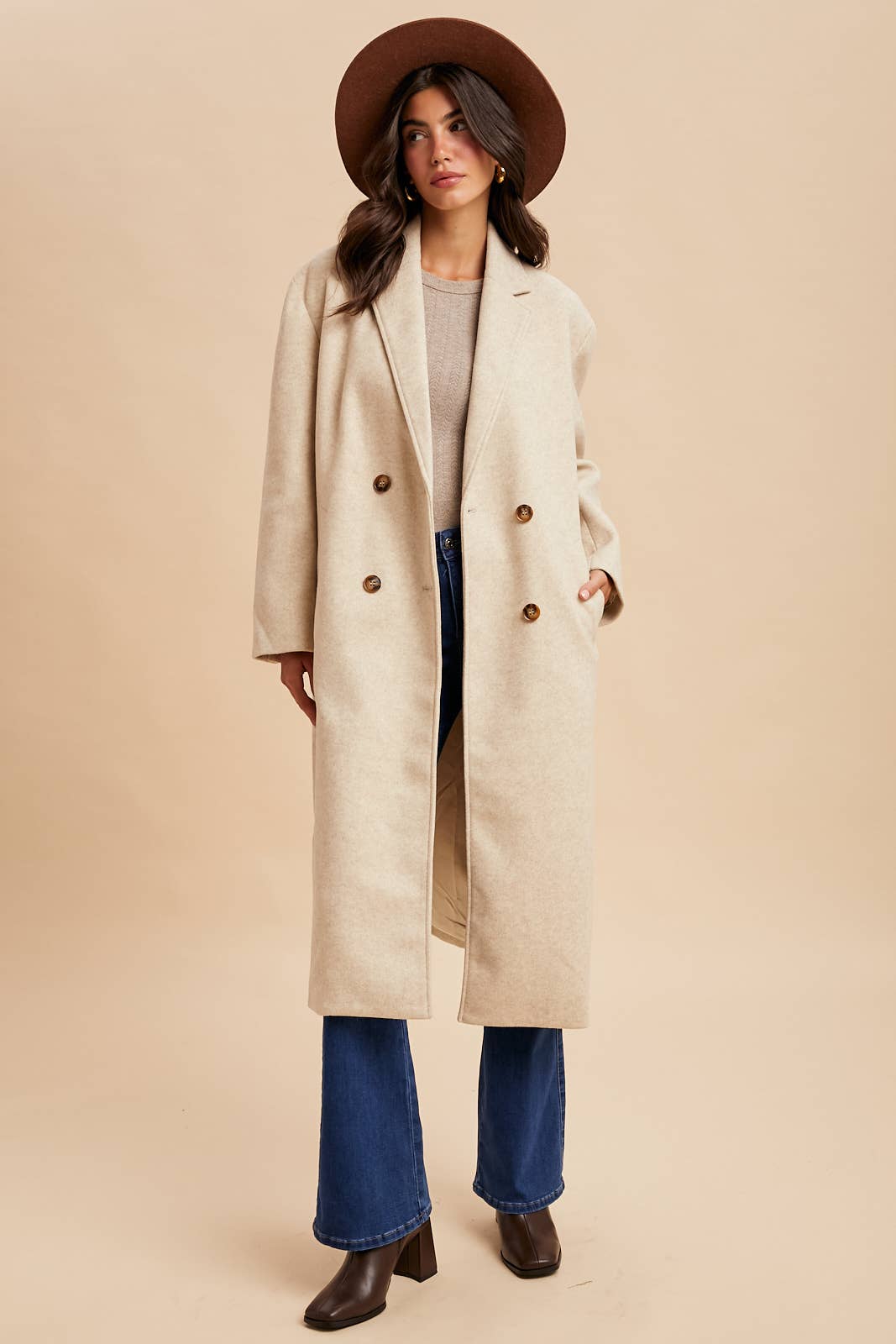 Double Breasted  Lapel Duster Felt Pea Coat