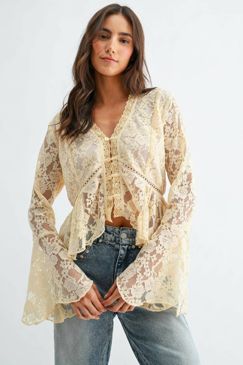 Romantic Lace Button-Down Blouse with Flared Bell Sleeves
